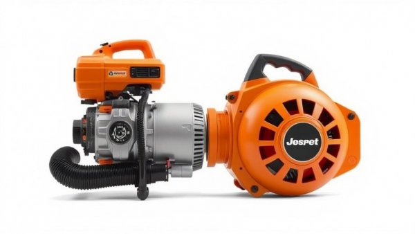 DR Power leaf vacuum equipment with orange body and tan bag.