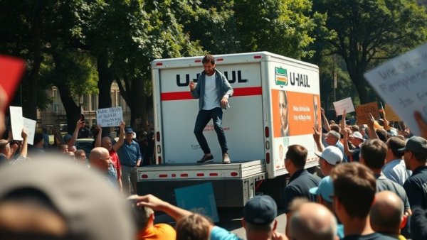 U-Haul incident protests Iranian regime, individual on truck amidst crowd.