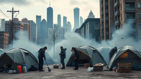 Urban encampment near Seattle skyscrapers, highlighting homelessness.