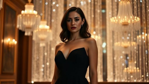 Elegant woman at the 2026 Golden Globes event in a black dress.