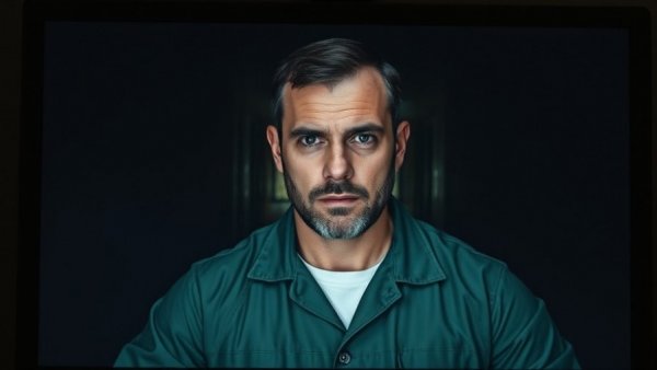 Man in green prison uniform on video call amid traumatic brain injuries military context.