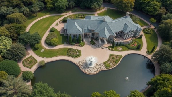 Aerial view of DFW luxury real estate with mansion and pond.