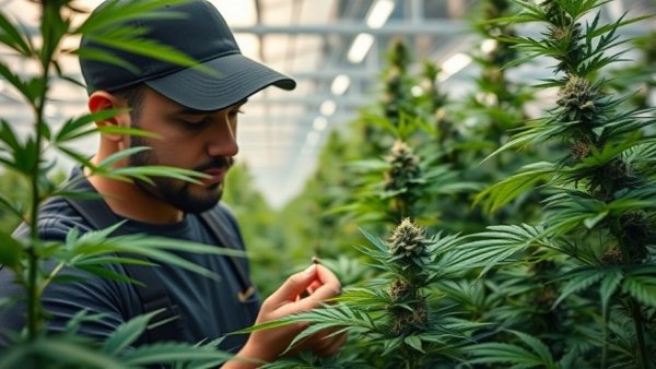 Worker inspecting cannabis plants in Texas medical marijuana industry greenhouse.