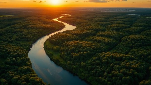 Aerial view of river near city at sunset, Corpus Christi water crisis.