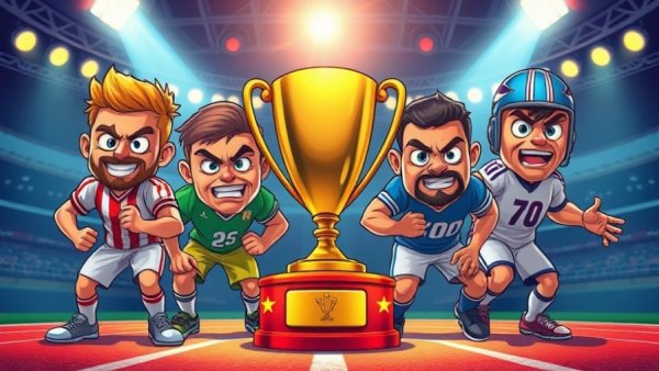 Cartoon football players with championship trophy in college football playoffs analysis.