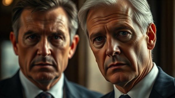 Close-up portraits of two men discussing policies, serious expressions.