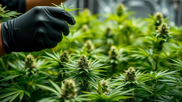 Worker tending cannabis plants indoors in Texas medical marijuana industry.