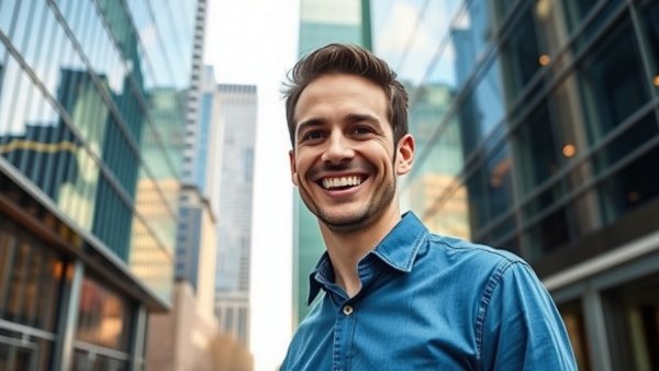 Adaptive reuse in Austin: Man smiling in front of modern buildings.