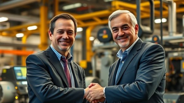 Event with advanced machinery and handshake, military technology focus.