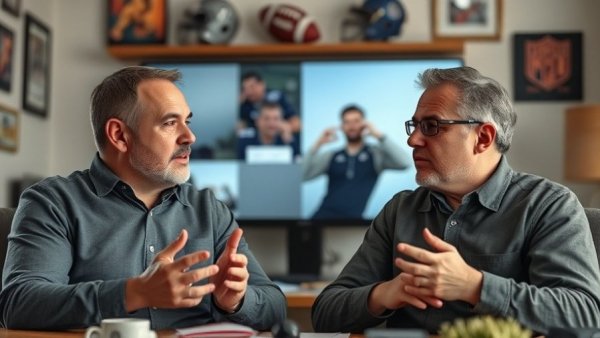 Men discussing Dallas Cowboys defense strategy via video call, focused expressions
