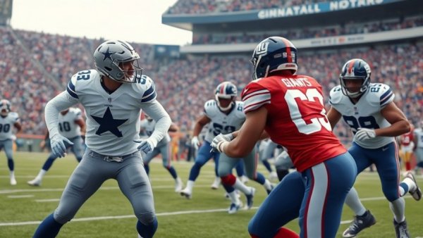 Dallas Cowboys players on the field against New York Giants, action shot.