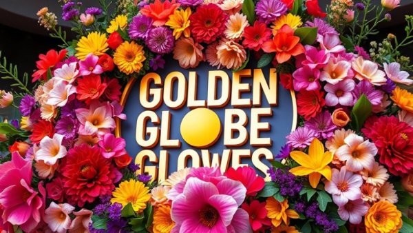 Golden Globes sign with vibrant flowers on red carpet.