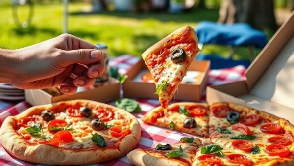 San Antonio dining scene with pizza boxes at an outdoor picnic.