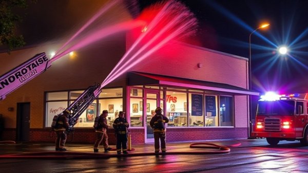 Firefighters combating a fire at a southeast Austin laundromat, nighttime.