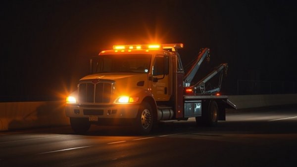 Dimly lit tow truck with flashing lights after Katy Freeway accident at night.