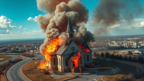 Aerial view of abandoned church fire near I-45 with smoke and firefighters.