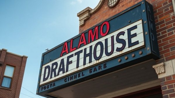 Vintage Alamo Drafthouse sign on brick building highlighting mobile ordering.
