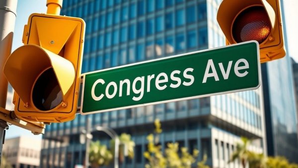 Austin downtown traffic light and Congress Ave sign, austin traffic alerts.