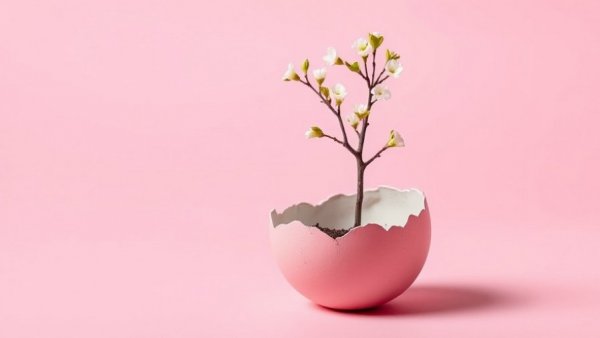 Symbolic tree in cracked egg shell representing cancer survival rates.