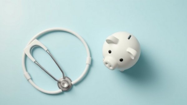 Minimalist setup of stethoscope and piggy bank on blue background, related to digital health funding 2025.
