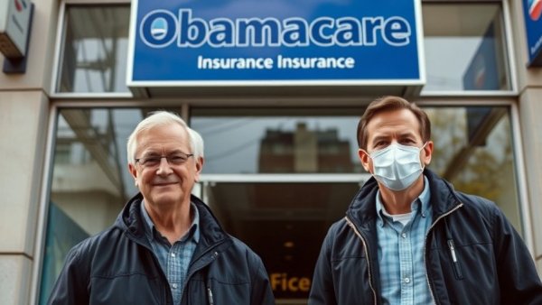 ACA signups lag: men in front of Obamacare sign at insurance office.