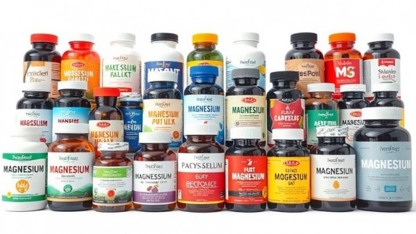 Assorted magnesium supplement products with vibrant labels.