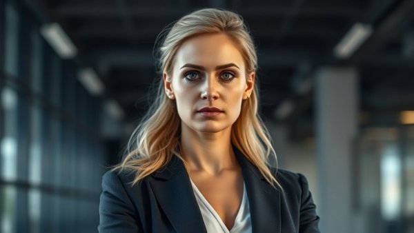 Confident woman in an office setting, showcasing determination.