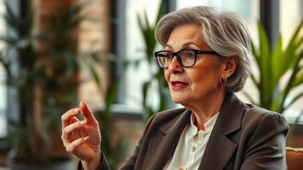 Stylish older woman discussing healthy aging tips in a cozy setting.