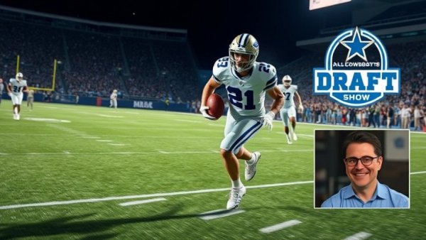 Dallas Cowboys Draft Show with football player on field, commentator visible.