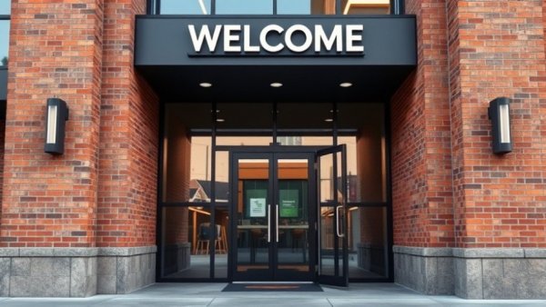 Modern entrance reflecting wellness for seniors with open doors.
