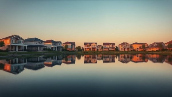 Modern suburban homes by a lake reflecting in water during golden hour - Texas property tax reform