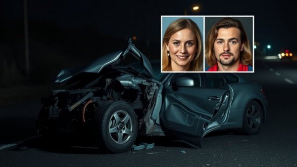 Tragic accident at Houston Buc-ee's; car wreckage with two portraits.