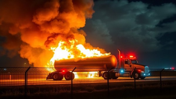 Beltway 8 tanker fire emitting thick smoke, nighttime scene