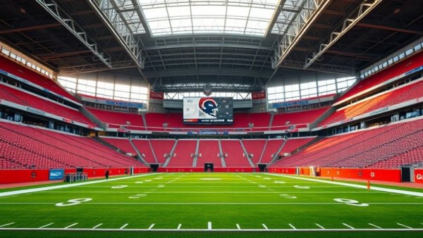 Wide-angle view of empty NRG Stadium interior, featuring the field and seating for a free Texans watch party.