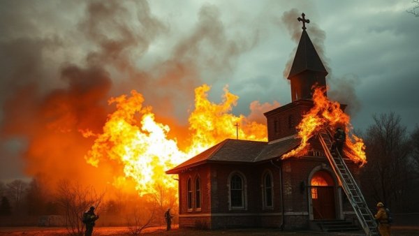 Houston abandoned church fire with intense flames and smoke.