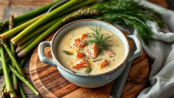 Delicious salmon chowder with dill and asparagus in a rustic setting.