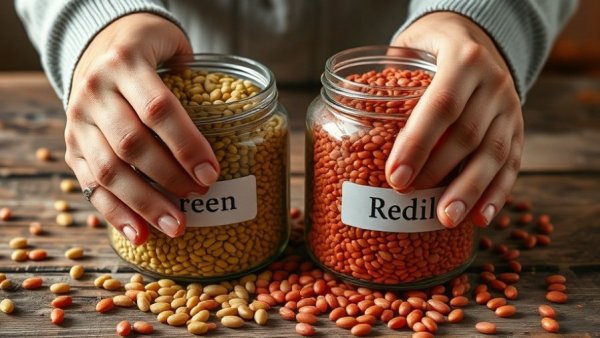 Close-up of hands organizing lentil jars to reduce waste and improve wellness.