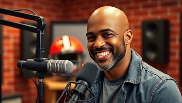 Man in studio with microphone discussing Houston Texans Wild Card victory.