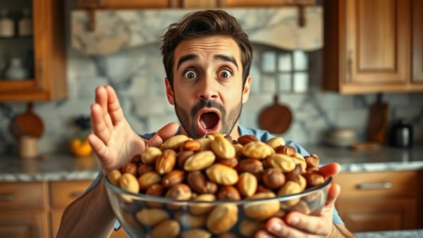 Surprised man with Brazil nuts showcasing health benefits in kitchen.