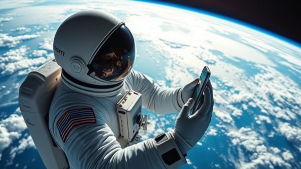 Astronaut capturing Earth from space; modern exploration concept.
