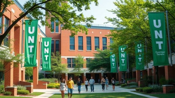 University campus with UNT banners depicting free tuition program