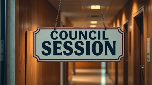 Vintage council session sign in hallway, related to Houston TIRZ contributions.