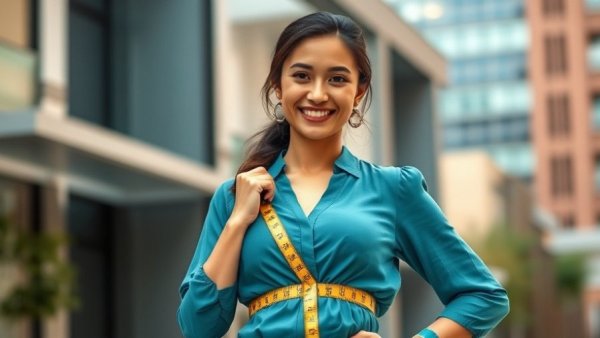 Smiling woman promoting boost fat burning with measuring tape.