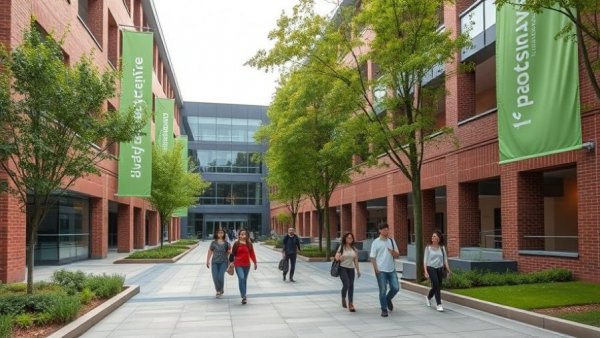 University of North Texas courtyard with banners and students.