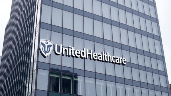 Modern office building with UnitedHealthcare logo, related to accelerated Medicare Advantage payments.
