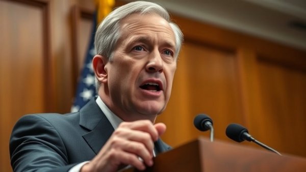 U.S. government news speaker delivering an urgent message.