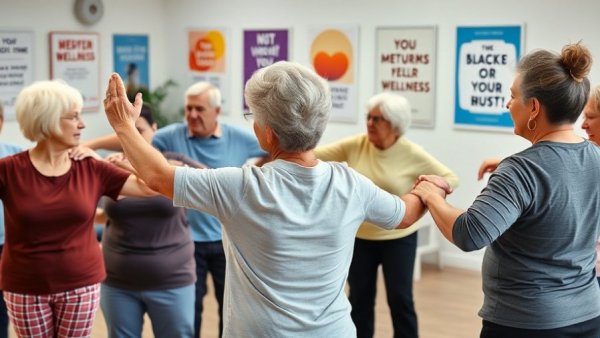 Seniors practicing posture exercises for mental wellness indoors.