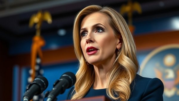 Blonde woman speaking at a government press event, national political news.