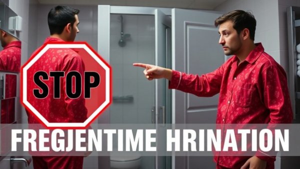 Concerned man addressing frequent nighttime urination with illustrative stop sign.