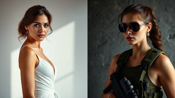 Sophie Turner in elegant dress and Tomb Raider outfit transformation.